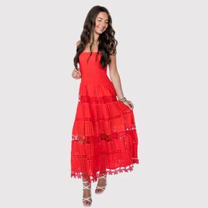Strut & Bolt Dress Red Maxi Eyelet Floral Crochet Strapless Smocked A Line Small